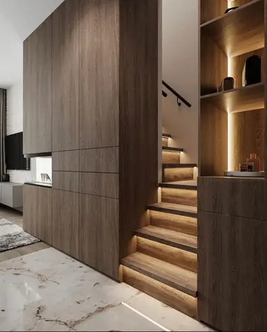 Mẫu Cầu Thang Giữa Hai Mặt Tường Bằng Gỗ Sang Trọng