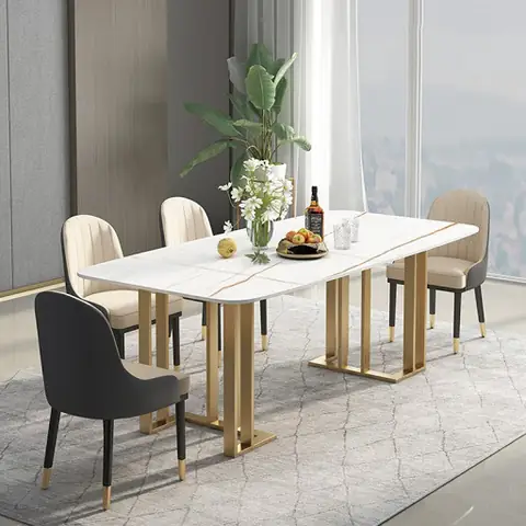 Bàn Ăn Mặt Đá Inox Hình Chữ Nhật Mạ Vàng