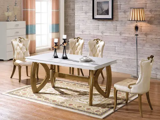 Bộ Bàn Ăn Chân Inox Mặt Đá Hình Chữ Nhật Phong Cách Hoàng Gia