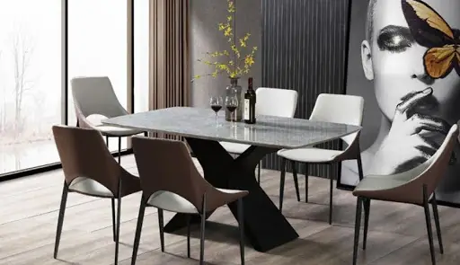 Bộ Bàn Ăn Chân Inox Mặt Đá Chữ X Phá Cách