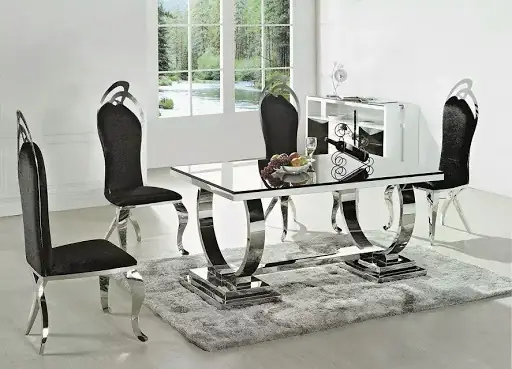 Mẫu Bàn Ăn Mặt Đá Chân Inox Tông Màu Đen