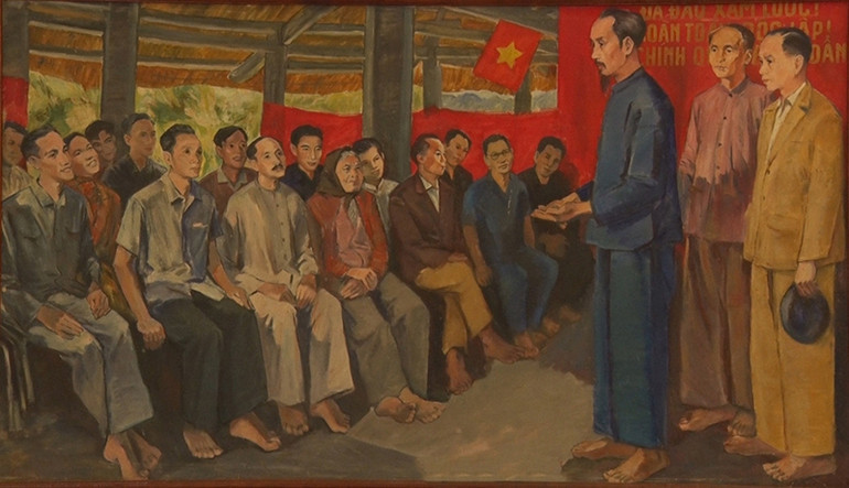Chủ tịch Hồ Chí Minh nói chuyện với đại biểu Quốc dân Đại hội tại Đình Tân Trào. (Tranh sơn dầu: Họa sĩ Cao Thưởng)