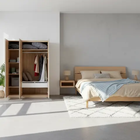 Combo Giường Ngủ Moho Vline & Tủ Quần Áo Moho Vienna 1m5 Màu Gỗ Tự Nhiên