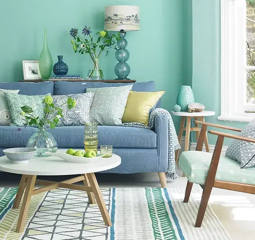 Mẫu Phòng Khách Kết Hợp Màu Xanh Lá Và Màu Xanh Nước Biển