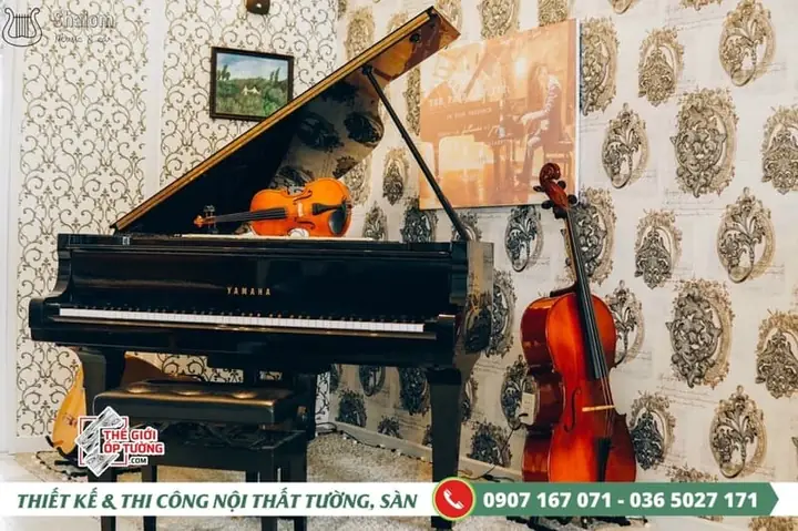 Hình Ảnh Thi Công Giấy Dán Tường Cao Cấp Cho Lớp Dạy Đàn Nhạc Tại Tphcm