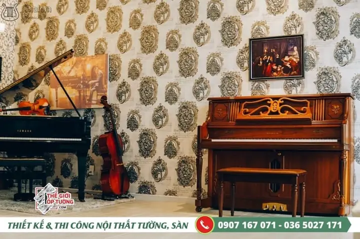 Hình Ảnh Thi Công Giấy Dán Tường Cao Cấp Cho Lớp Dạy Đàn Nhạc Tại Tphcm