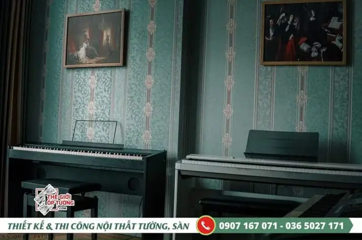 Hình Ảnh Thi Công Giấy Dán Tường Cao Cấp Cho Lớp Dạy Đàn Nhạc Tại Tphcm