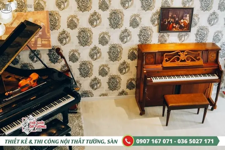 Hình Ảnh Thi Công Giấy Dán Tường Cao Cấp Cho Lớp Dạy Đàn Nhạc Tại Tphcm