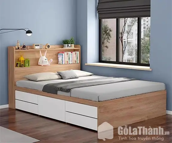 Giường Ngủ Gỗ Mdf Melamine Kết Hợp Kệ Để Đồ