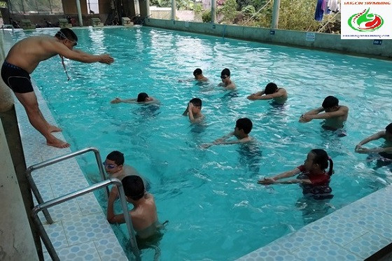 Hình ảnh hồ bơi và học viên đang tập luyện kỹ năng bơi lội