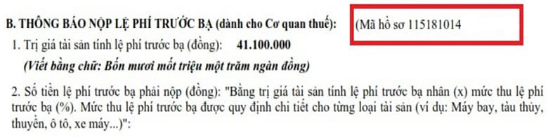Hình ảnh minh họa việc tra cứu mã hồ sơ lệ phí trước bạ xe máy trên thông báo điện tử
