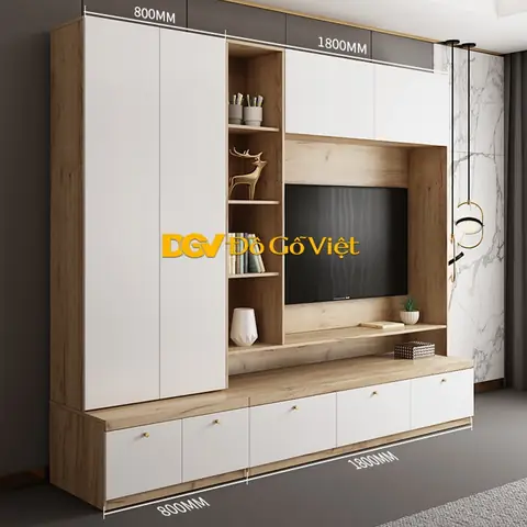 Tủ Tường Để Tivi Phòng Khách Kèm Kệ Trang Trí Đẹp Hiện Đại