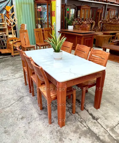 Bàn Ăn Gỗ Xoan Đào 6 Ghế Mặt Đá