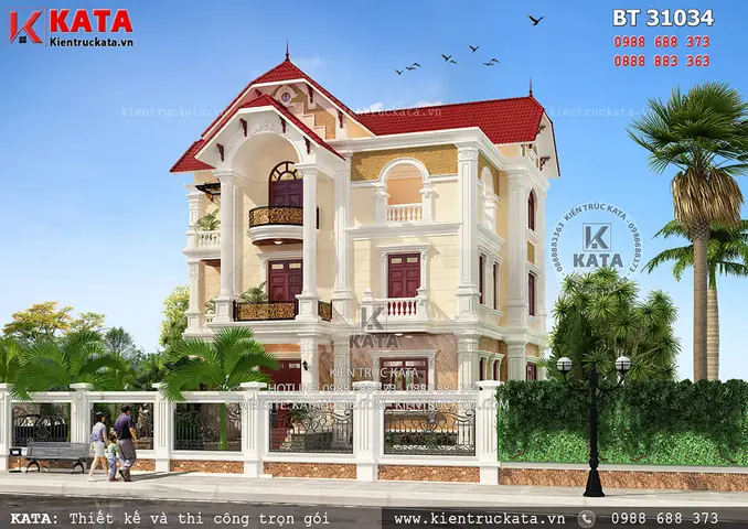 Nhà 3 Tầng Đẹp Kiểu Pháp Kết Hợp Mái Thái Tân Cổ Điển Tại Hà Nam – Mã Số: Bt 31034