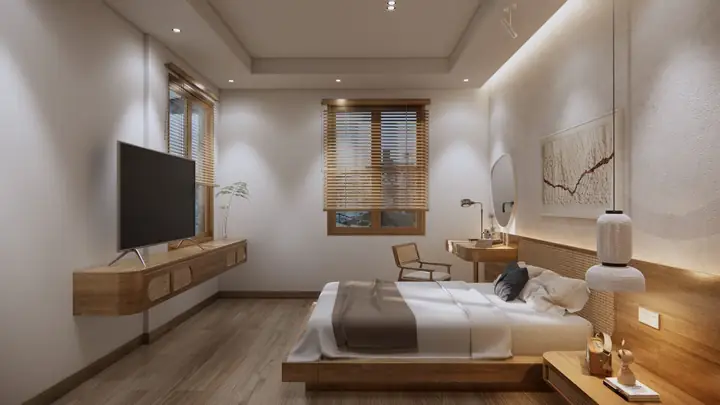 Phòng Ngủ Với Nội Thất Gỗ Ấm Cúng. Phòng Ngủ Với Nội Thất Gỗ Ấm Cúng.