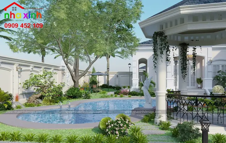 Mẫu Biệt Thự Sân Vườn Có Hồ Bơi Phong Cách Cổ Điển