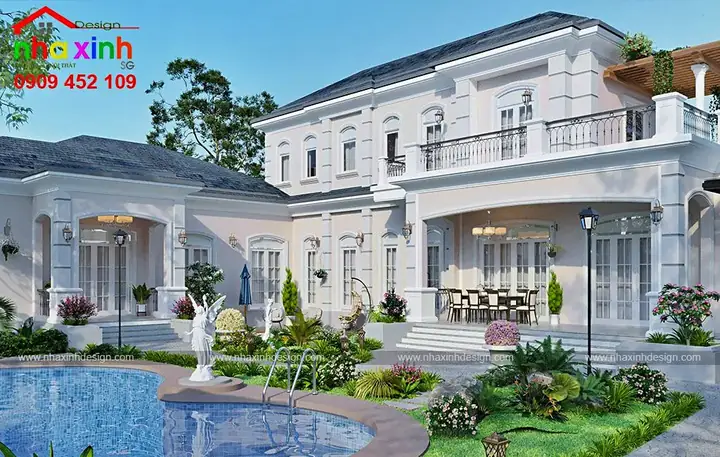 Mẫu Biệt Thự Sân Vườn Có Hồ Bơi Phong Cách Cổ Điển