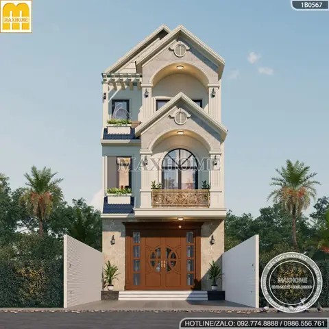 Mẫu Nhà Ống 3 Tầng Có Sân Trước Mái Thái