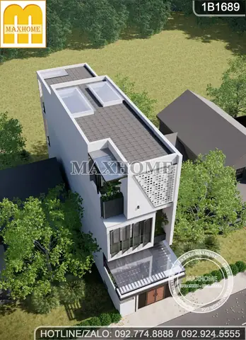 Mẫu Nhà Ống 3 Tầng Có Sân Trước Mái Bằng