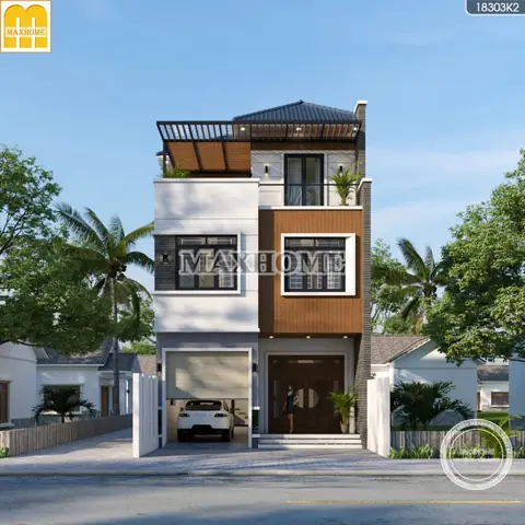 Mẫu Nhà Ống 3 Tầng Có Sân Trước Mái Nhật