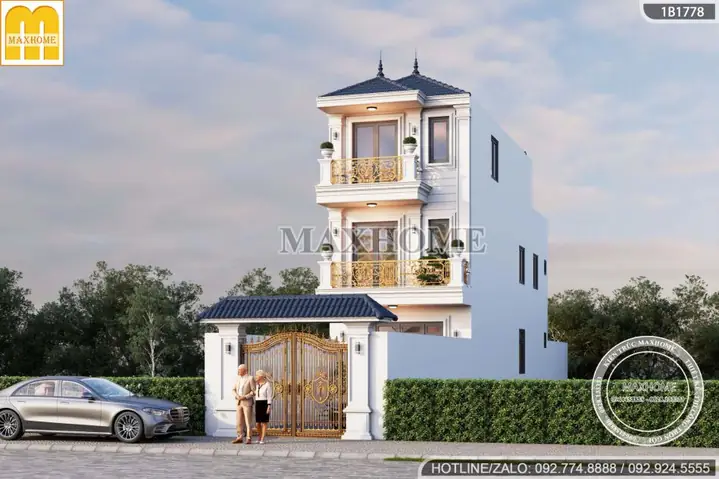 Mẫu Nhà Ống 3 Tầng Có Sân Trước Mái Nhật