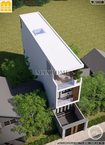 Mẫu Nhà Ống 3 Tầng Có Sân Trước Mái Bằng