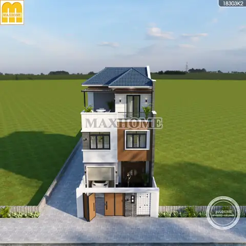 Mẫu Nhà Ống 3 Tầng Có Sân Trước Mái Nhật