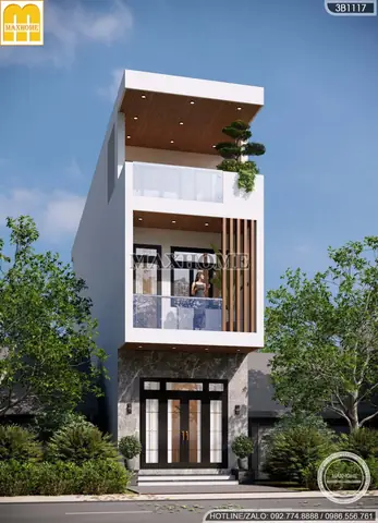 Mẫu Nhà Ống 3 Tầng Có Sân Trước Mái Bằng