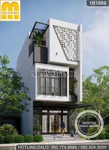 Mẫu Nhà Ống 3 Tầng Có Sân Trước Mái Bằng