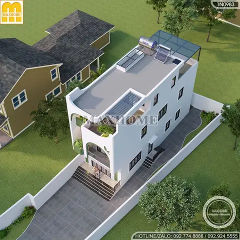 Mẫu Nhà Ống 3 Tầng Có Sân Trước Mái Bằng