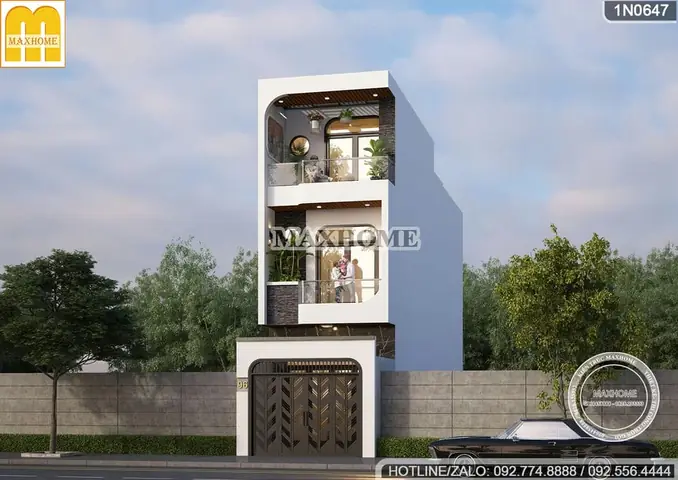 Mẫu Nhà Ống 3 Tầng Có Sân Trước Mái Bằng