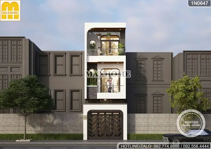 Mẫu Nhà Ống 3 Tầng Có Sân Trước Mái Bằng