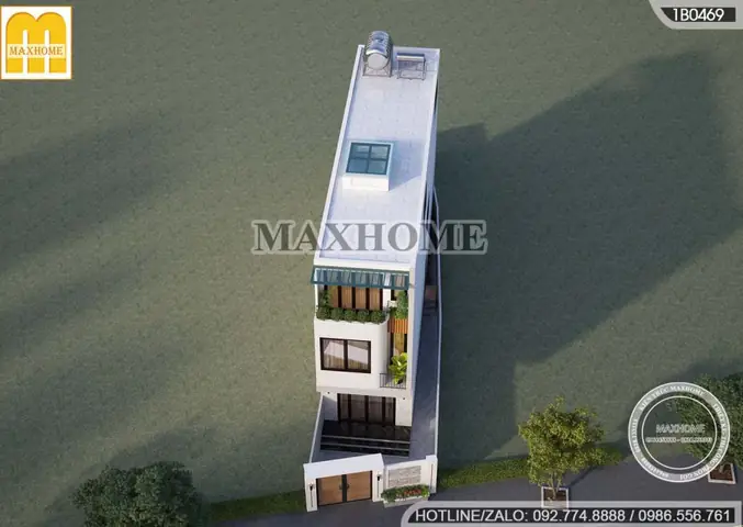 Mẫu Nhà Ống 3 Tầng Có Sân Trước Mái Bằng