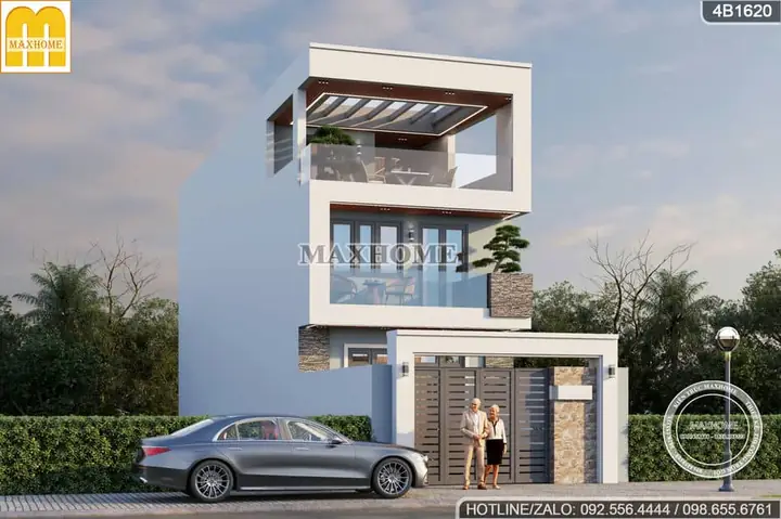 Mẫu Nhà Ống 3 Tầng Có Sân Trước Mái Bằng