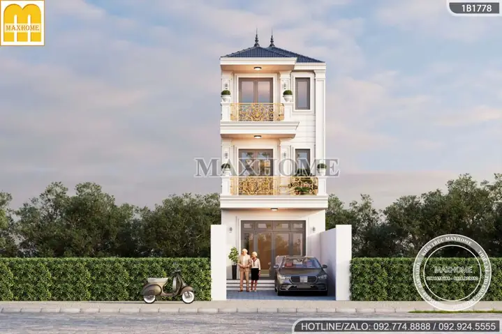 Mẫu Nhà Ống 3 Tầng Có Sân Trước Mái Nhật