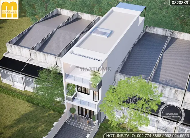 Mẫu Nhà Ống 3 Tầng Có Sân Trước Mái Bằng