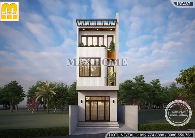 Mẫu Nhà Ống 3 Tầng Có Sân Trước Mái Bằng