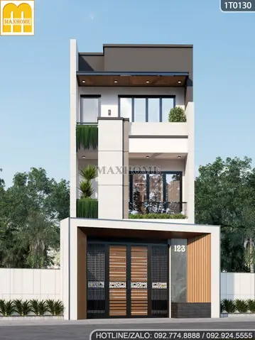 Mẫu Nhà Ống 3 Tầng Có Sân Trước Mái Bằng