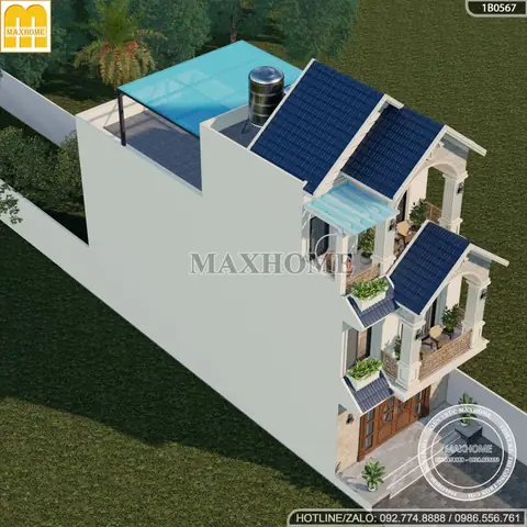 Mẫu Nhà Ống 3 Tầng Có Sân Trước Mái Thái