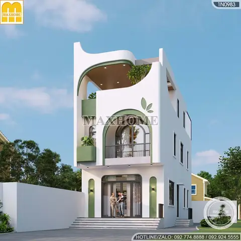 Mẫu Nhà Ống 3 Tầng Có Sân Trước Mái Bằng