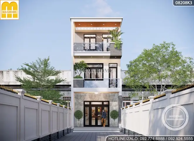 Mẫu Nhà Ống 3 Tầng Có Sân Trước Mái Bằng