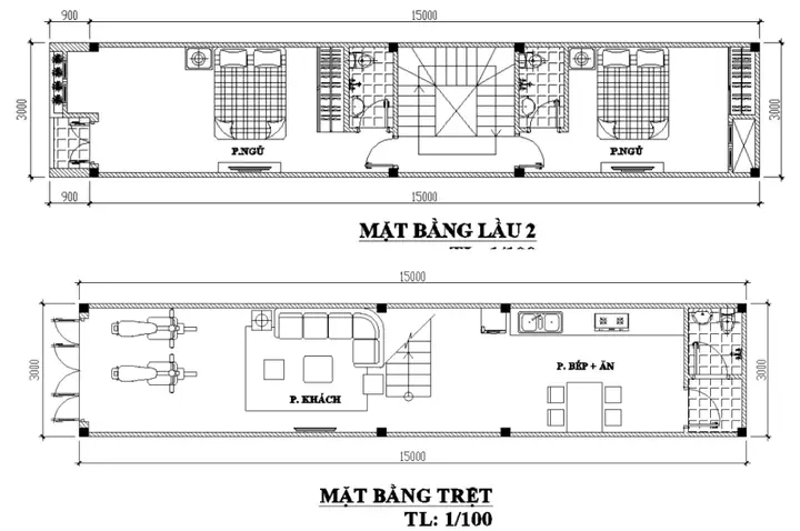 Mẫu Thiết Kế Nhà Ống 2 Tầng 3x15m