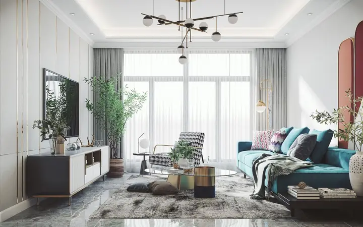 Mẫu 10: Thiết Kế Phòng Khách Nhà Cấp 4 Đẹp Với Đèn Trang Trí