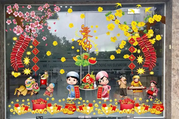 Trang Trí Tường Và Cửa Kính Phòng Khách Ngày Tết