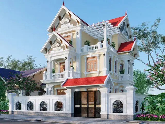 Mẫu Nhà 1 Trệt 2 Lầu Mái Thái Ngang 8m Ở Nông Thôn