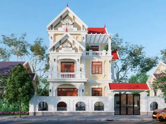 Mẫu Nhà 1 Trệt 2 Lầu Mái Thái Ngang 8m Ở Nông Thôn