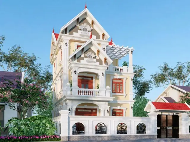 Mẫu Nhà 1 Trệt 2 Lầu Mái Thái Ngang 8m Ở Nông Thôn