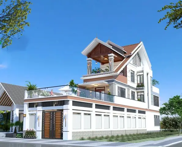Mẫu Nhà 1 Trệt 2 Lầu Sân Thượng Kiến Trúc Mái Thái