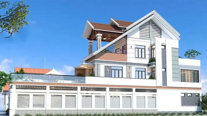 Mẫu Nhà 1 Trệt 2 Lầu Sân Thượng Kiến Trúc Mái Thái