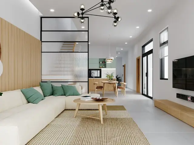 Mẫu 6: Vách Ngăn Kính Cho Phòng Khách Nhà Ống 5m Có Cầu Thang